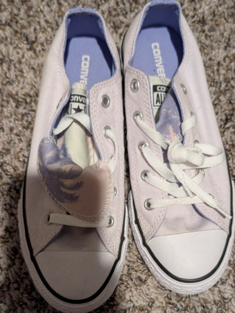 Converse Low Top Canvas Sneakers in Pale Lavender & White With palm tree tongues